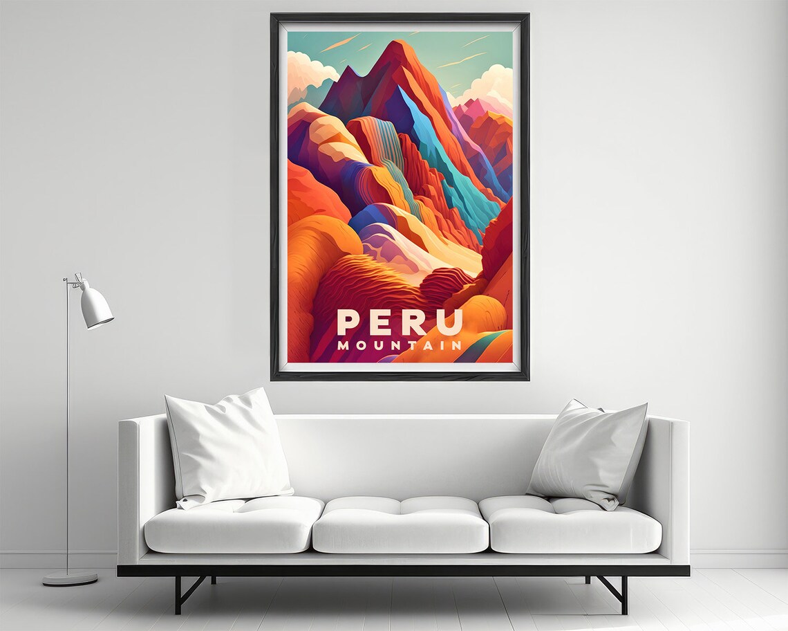 Peru Rainbow Mountain Colorful Geometric Peaks Retro Travel Poster - Image 2