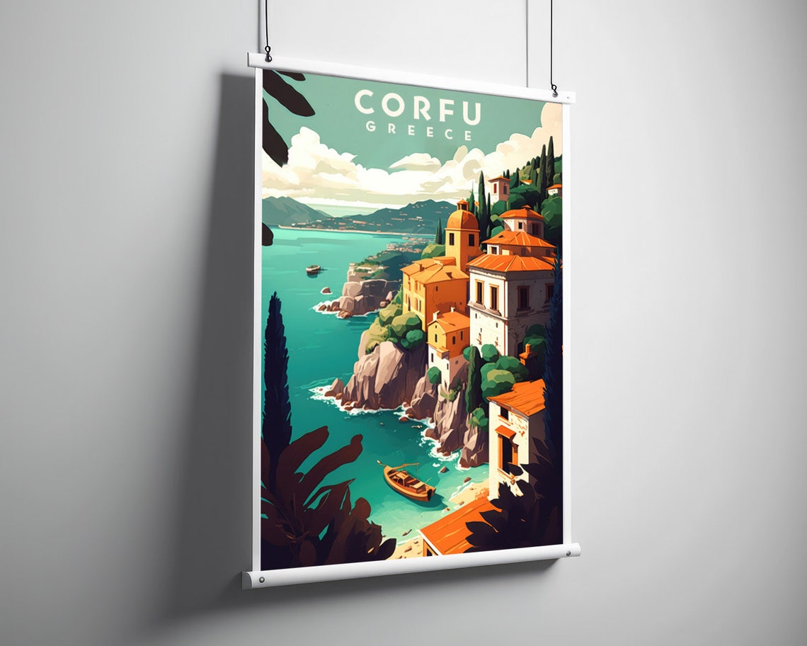 Corfu Greece Cliffside Village Ionian Coast Island Travel Poster - Image 3