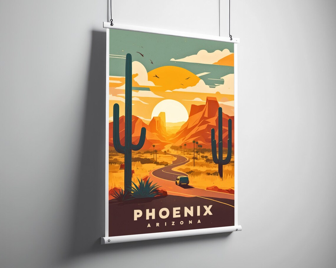 Phoenix Arizona Desert Highway Saguaro Cactus Sunset Travel Poster - Image 3