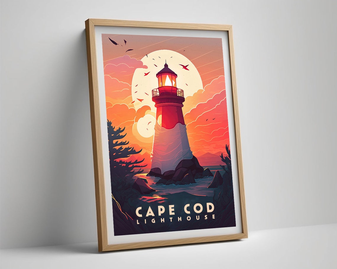 Cape Cod Lighthouse Sunset Seagulls Retro Coastal Travel Poster - Image 5