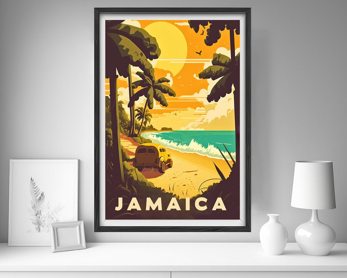 Jamaica Caribbean Beach Palm Sunset Vintage Car Travel Poster - Image 4