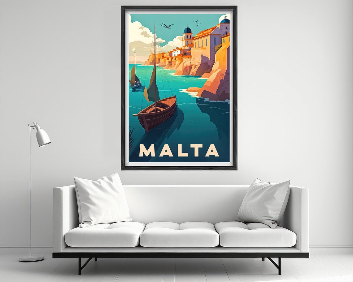 Malta Sailboat Harbor Mediterranean Cliffs Retro Travel Poster - Image 2