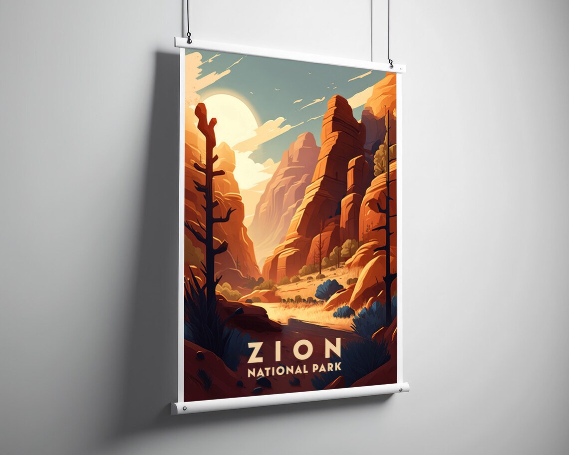 Zion National Park Red Rock Canyon Sunset Retro Travel Poster - Image 3