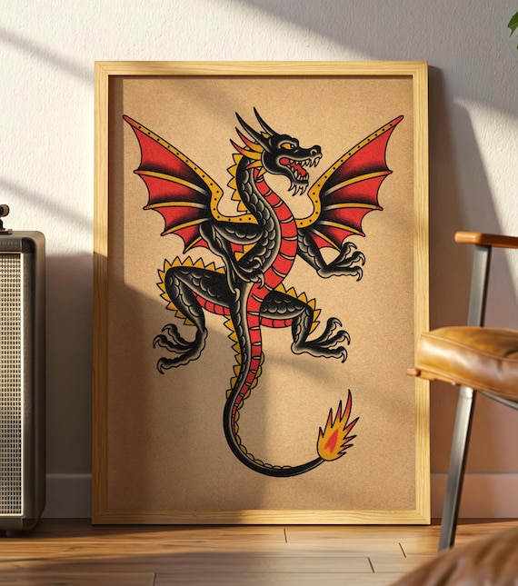 Traditional Tattoo Flash Dragon Poster Bold Red And Black Vintage Style Art Print Premium Matte
