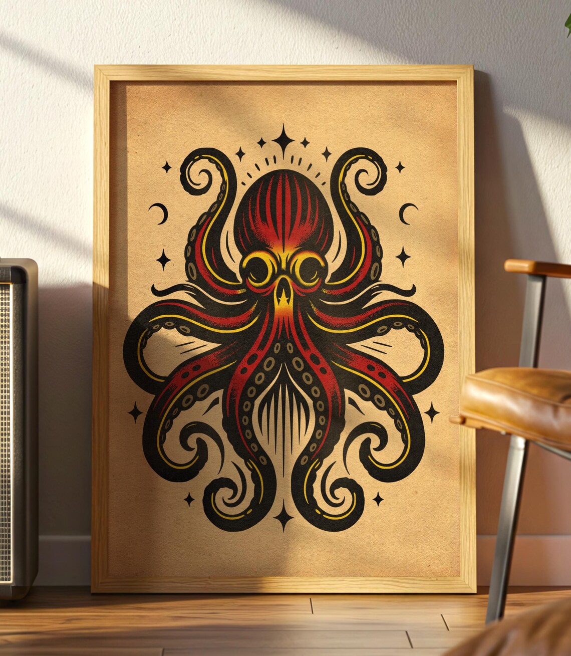 Vintage Octopus Poster Traditional Tattoo Art Nautical Print Bold Flash Style Wall Decor Premium Matte