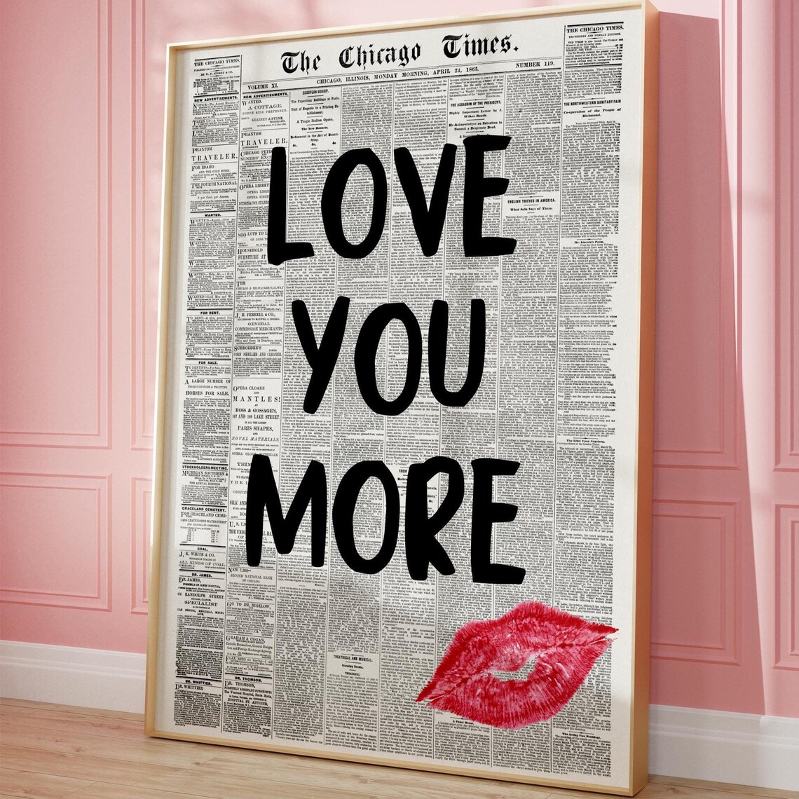 Love You More Vintage Chicago Times Newspaper Red Lips Poster