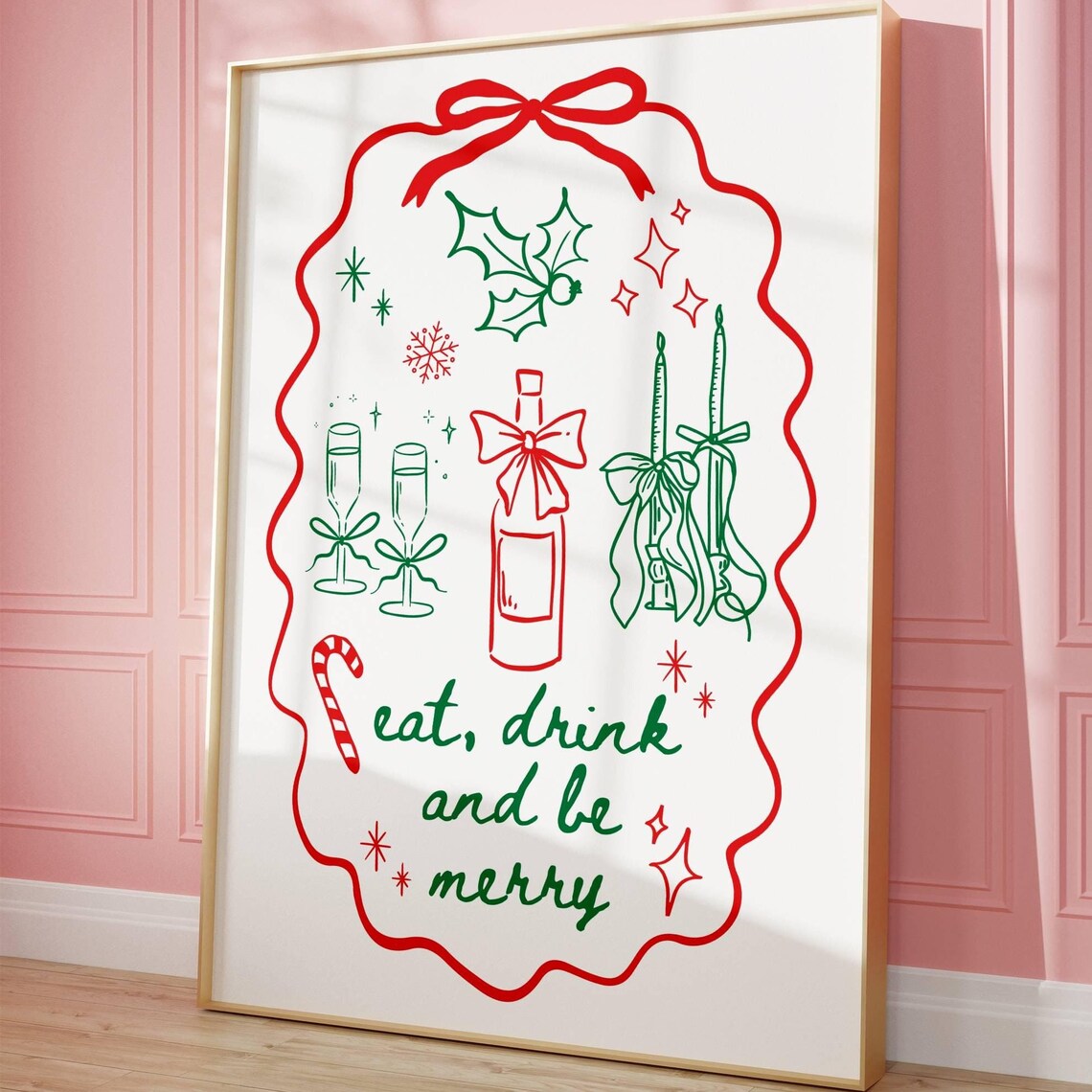 Eat Drink and Be Merry Christmas Poster with Wine Candles and Candy Cane