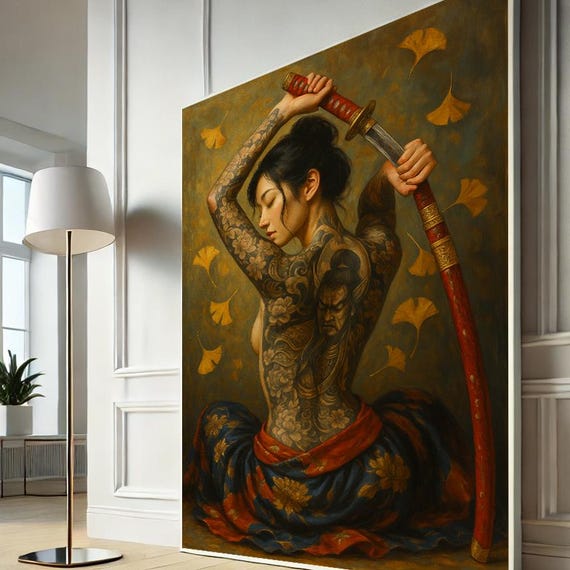 Tattooed Samurai Woman Canvas Asian Warrior Female Wall Art Sensual Back Tattoo Poster Katana Sword Decor Ready To Hang