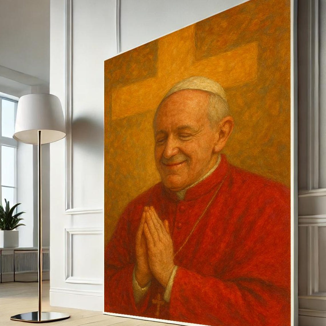 Pope Francis Smiling in Red Robes Golden Cross Portrait Poster