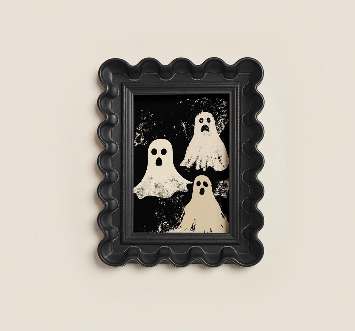 Vintage Ghost Trio Spooky Halloween Distressed Illustration Wall Art