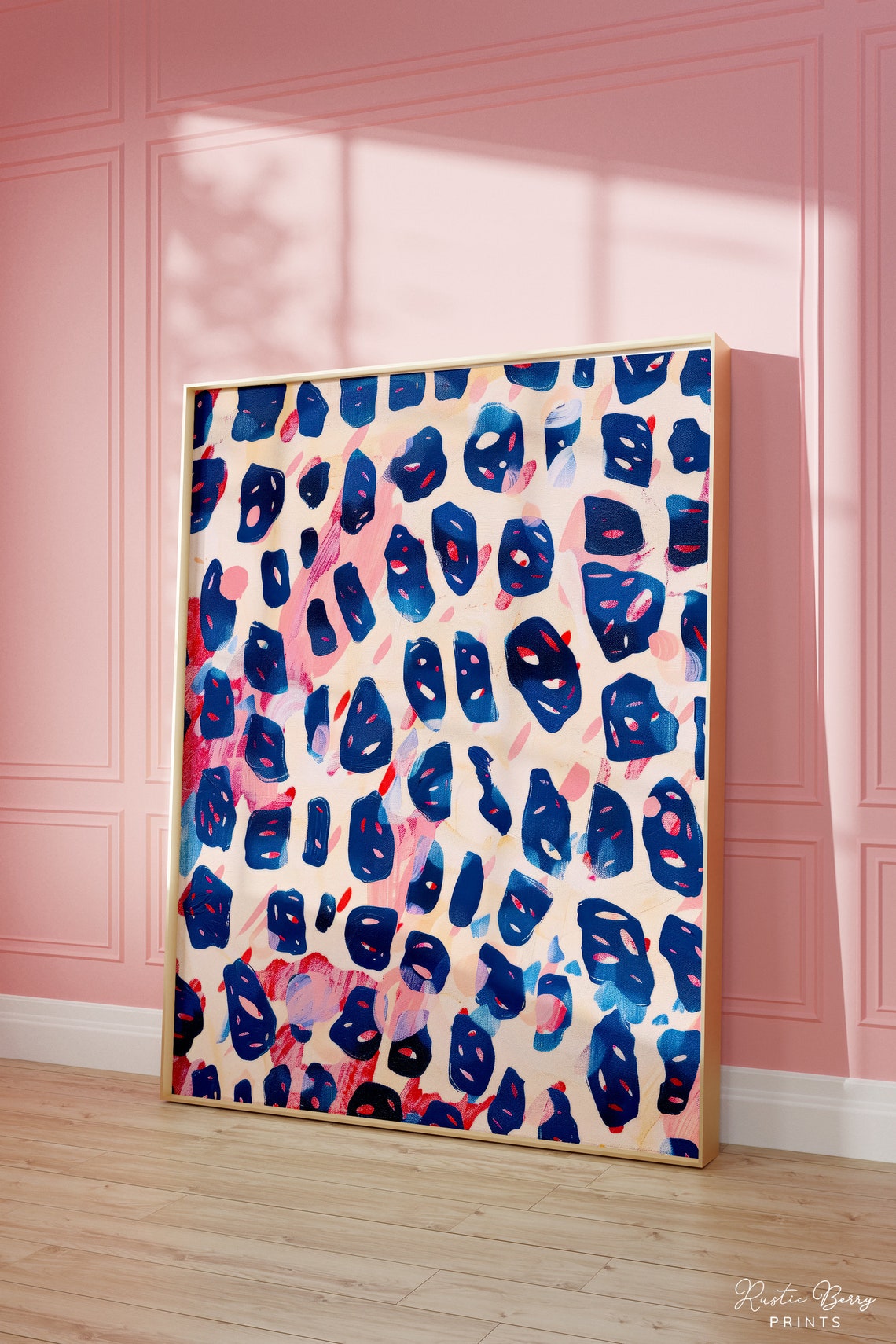 Abstract Blue Leopard Spots Pink Brushstroke Modern Pattern Wall Art