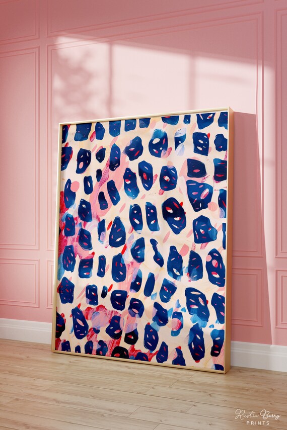 Abstract Blue Leopard Spots Pink Brushstroke Modern Pattern Wall Art