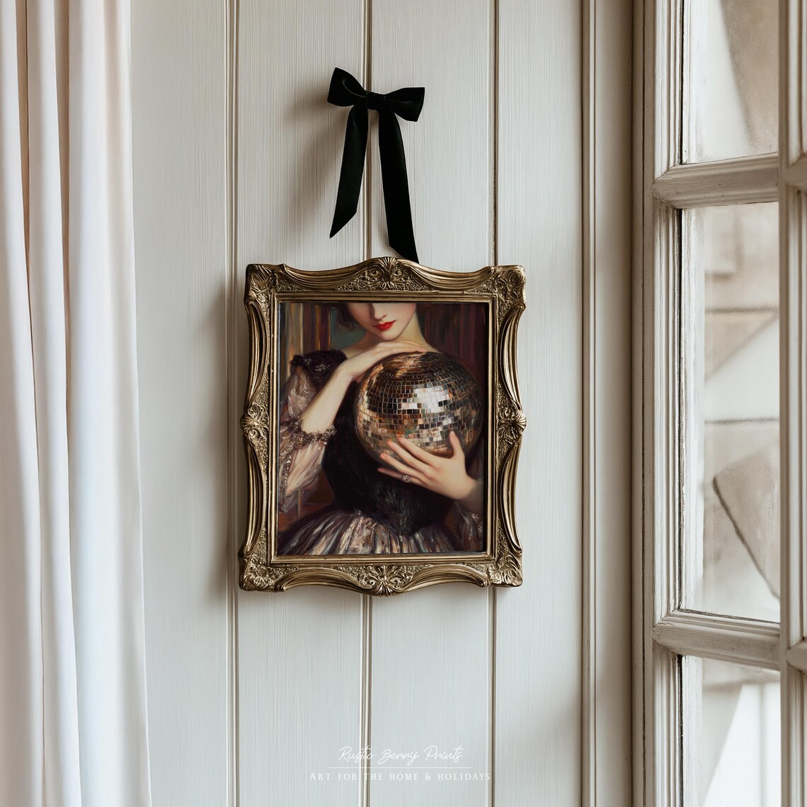 Dark Lady Holding Disco Ball Baroque Antique Style Painting Print - Image 2