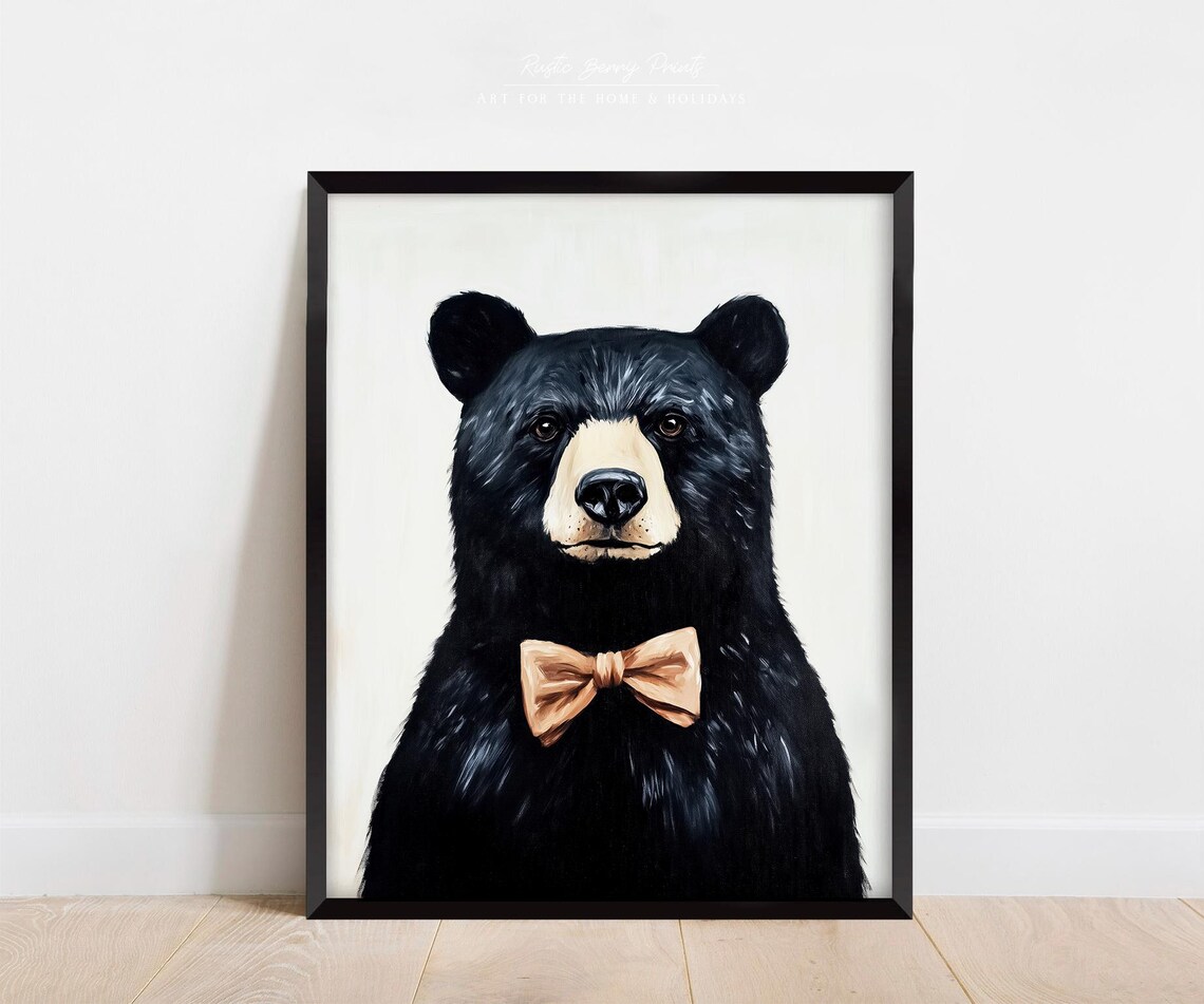 Black Bear Bow Tie Portrait Cute Funny White Background Whimsical Poster