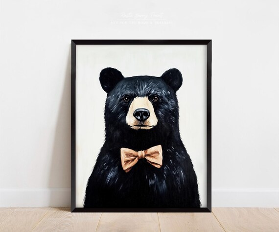 Black Bear Bow Tie Portrait Cute Funny White Background Whimsical Poster