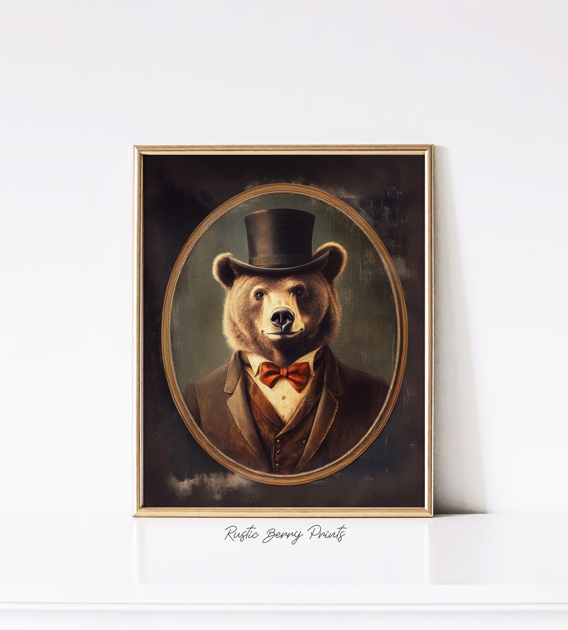 Dapper Brown Bear Top Hat Red Bow Tie Vintage Victorian Animal Portrait Art Poster - Image 2