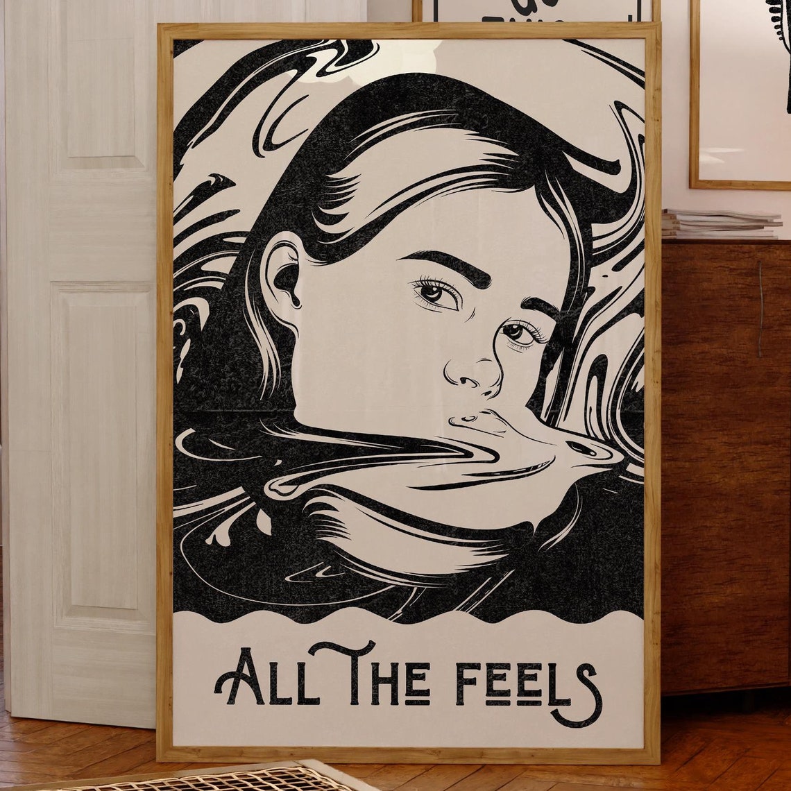 All The Feels Surreal Woman Face Black White Retro Illustration Poster