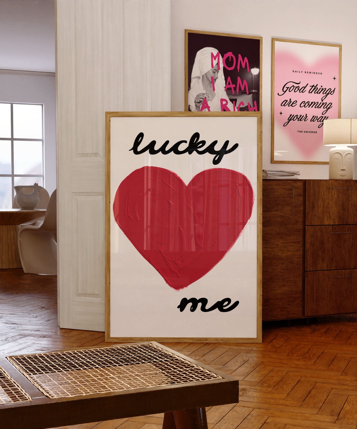 Lucky Me Red Heart Print Trendy Typography Bedroom Wall Decor Artwork