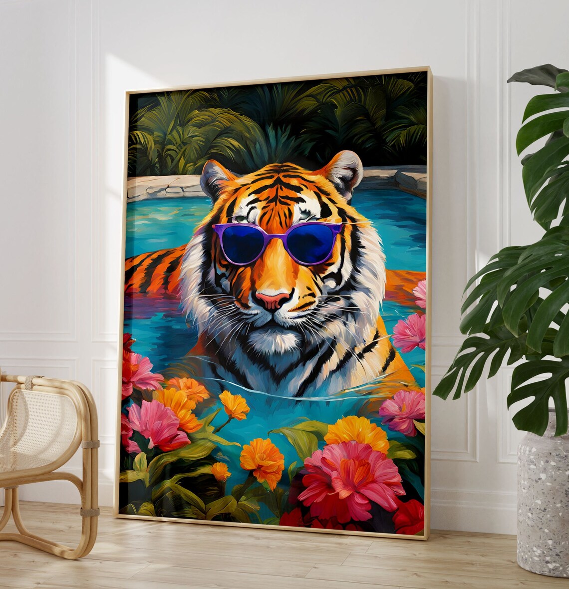 Tiger Wearing Purple Sunglasses In Bright Summer Pool Party Art Poster - Image 2