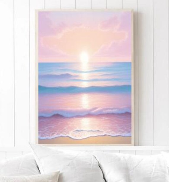 Pastel Pink and Blue Sunrise Ocean Waves Painting Coastal Poster
