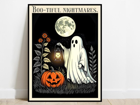 Bootiful Nightmares Halloween Poster Ghost Lantern Pumpkin Moon Decor