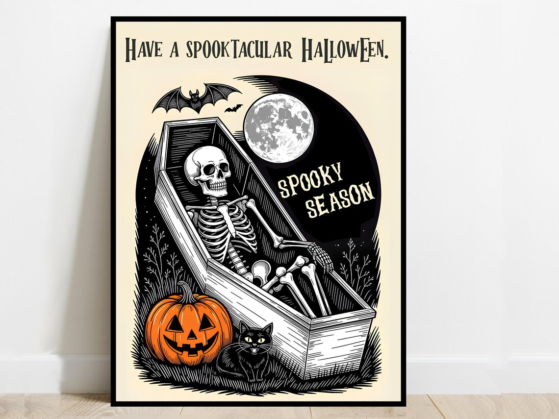 Spooktacular Halloween Poster Skeleton Coffin Spooky Season Vintage Black Cat