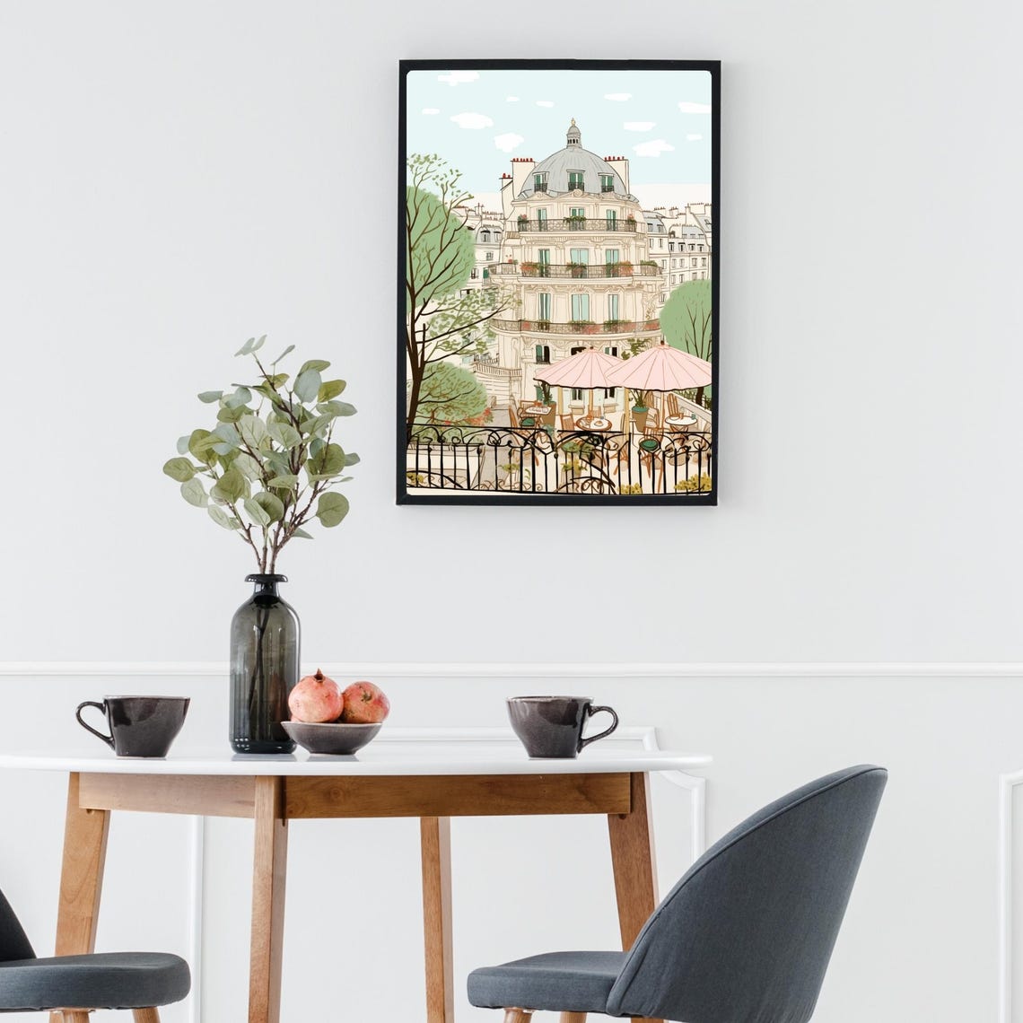 Paris Cafe Scene Illustration Pink Umbrellas Haussmann Building Poster - Image 3