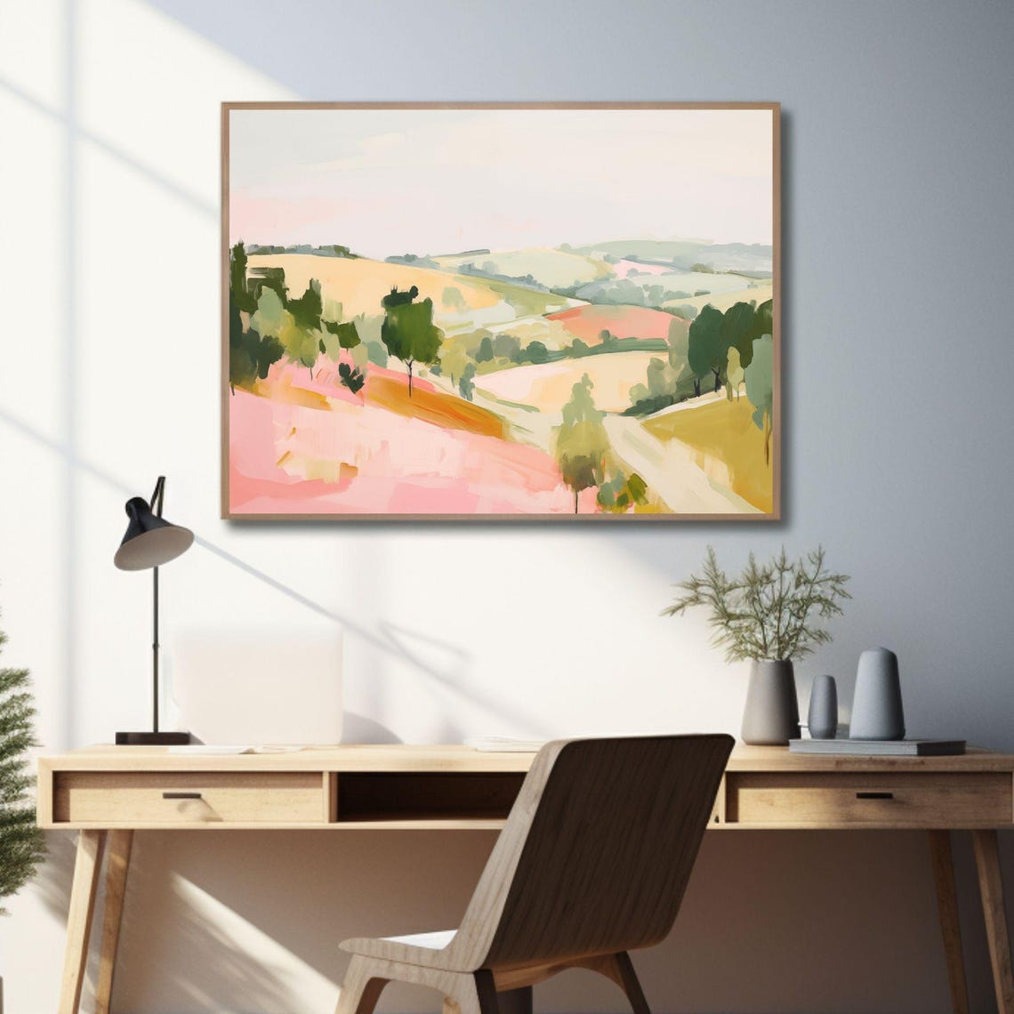 Pink Abstract Landscape Golden Fields Green Leafy Trees Wall Art - Image 3