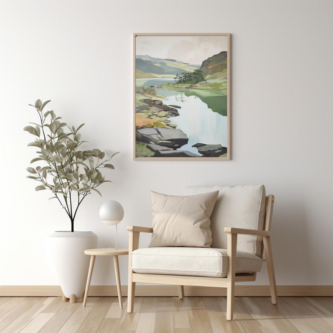 Mountain Lake Rocky Shore Painting Green Hills Tranquil Water Poster - Image 2