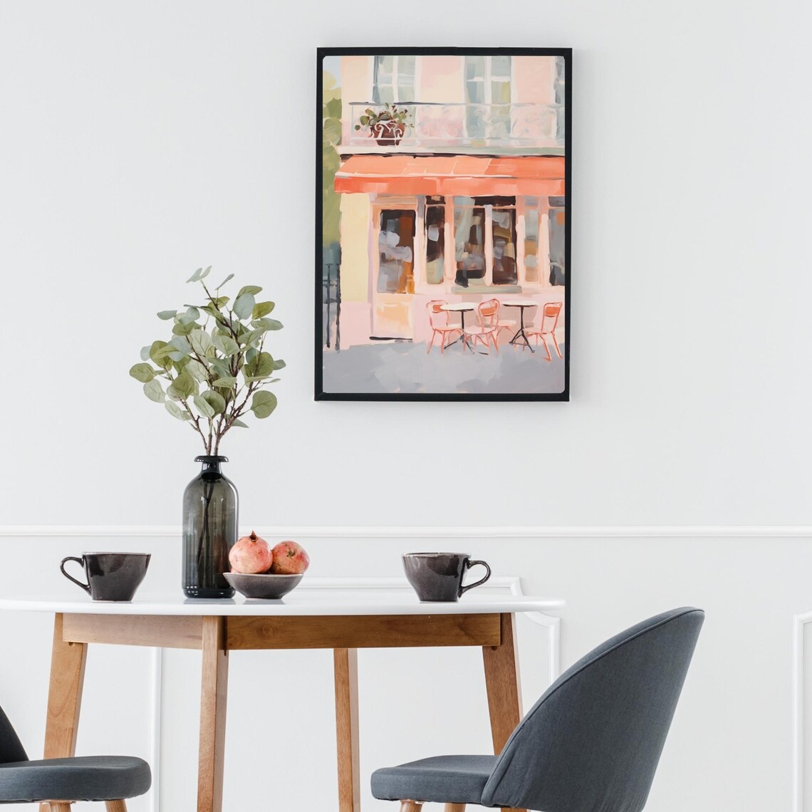 Paris Cafe Watercolor French Bistro Coral Awning Street Scene Poster - Image 2