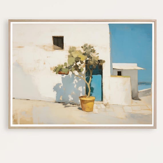 Ibiza Watercolor Travel Poster, Mediterranean White House