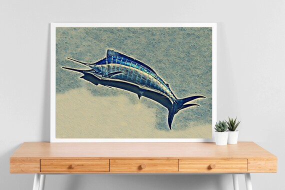 Leaping Blue Marlin Fish Textured Ocean Illustration Fishing Art Poster