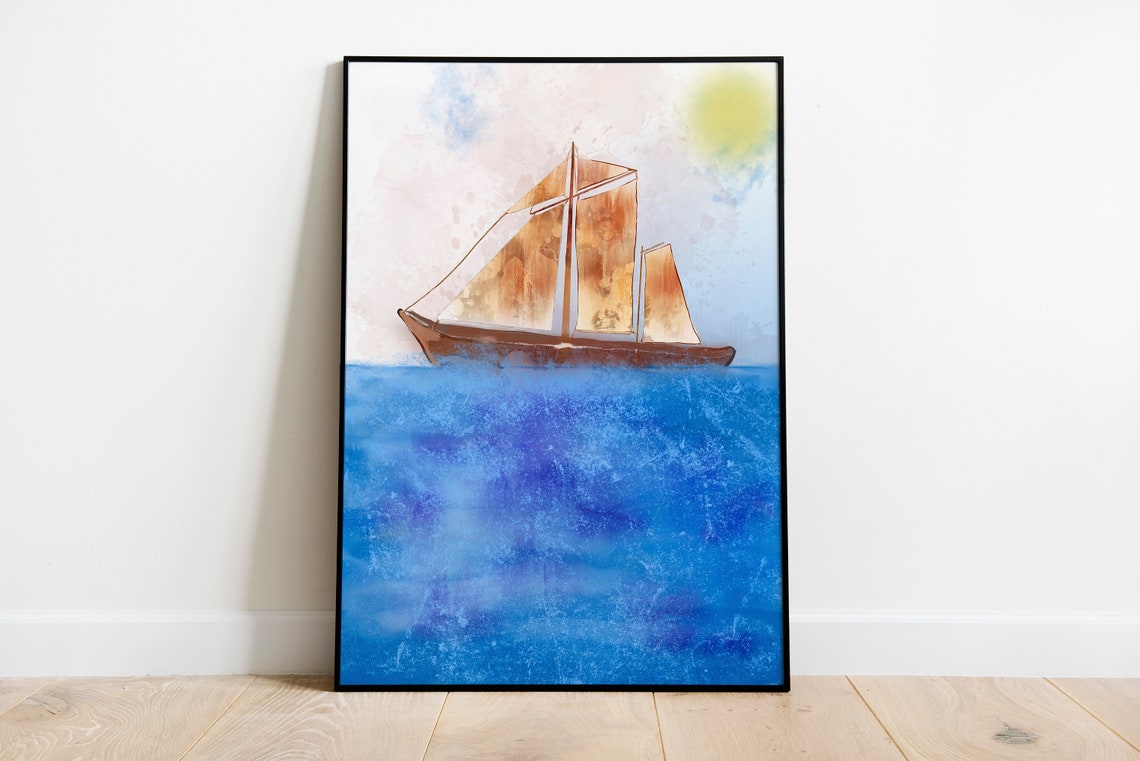 Copper Sail Tall Ship on Deep Blue Sea Watercolor Art Poster