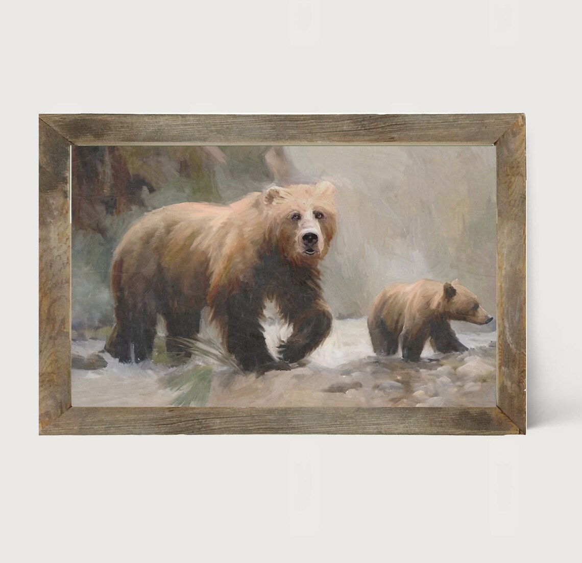Brown Bear Mother Cub Stream Wildlife Painting Rustic Cabin Framed Poster - Image 4