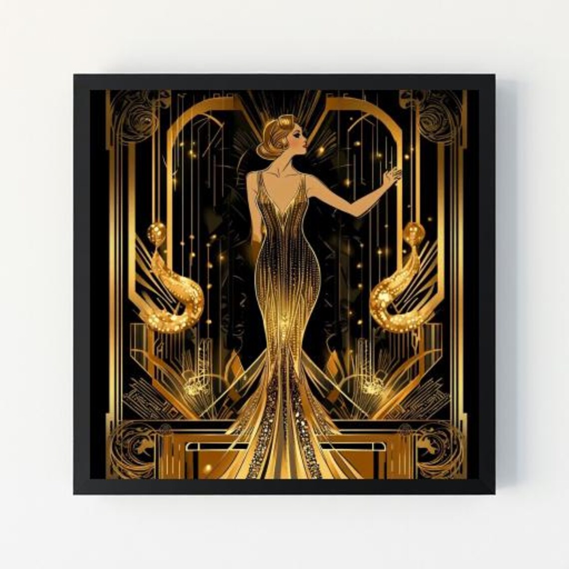 Art Deco Flapper Lady in Gold Gown Black and Gold Gatsby Style Poster