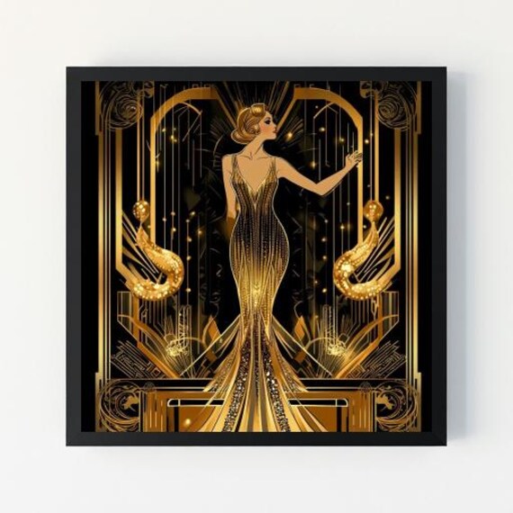 Art Deco Flapper Lady in Gold Gown Black and Gold Gatsby Style Poster
