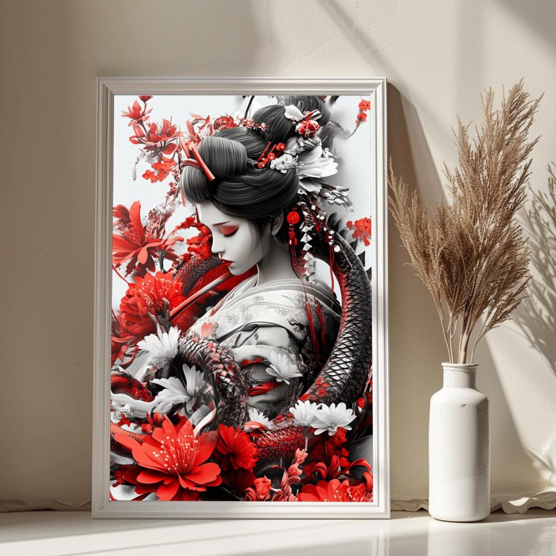 Striking Japanese Geisha Portrait Black White Red Dragon Floral Poster - Image 2