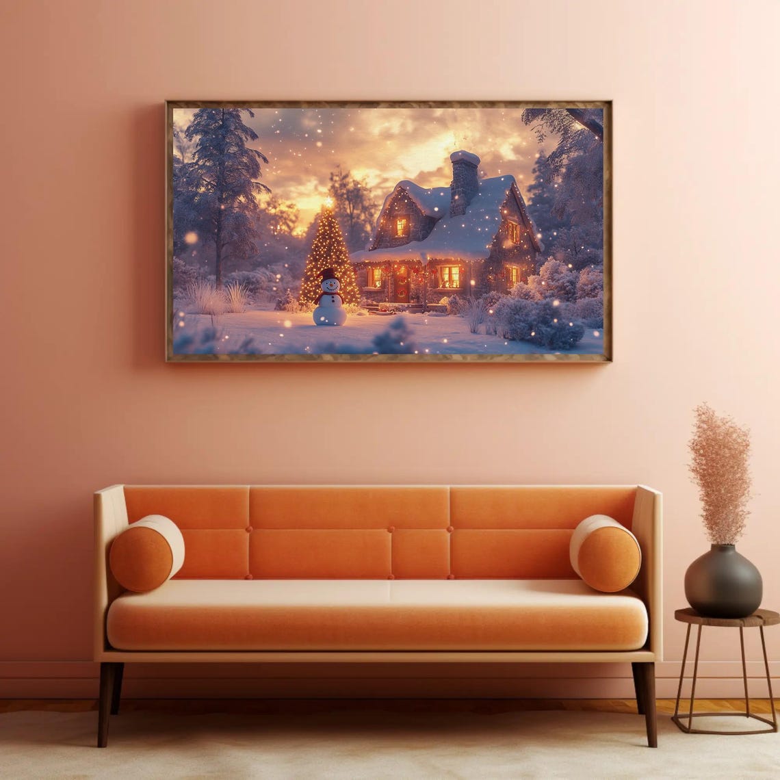 Snowy Christmas Cabin Snowman Lit Tree Winter Evening Poster - Image 4
