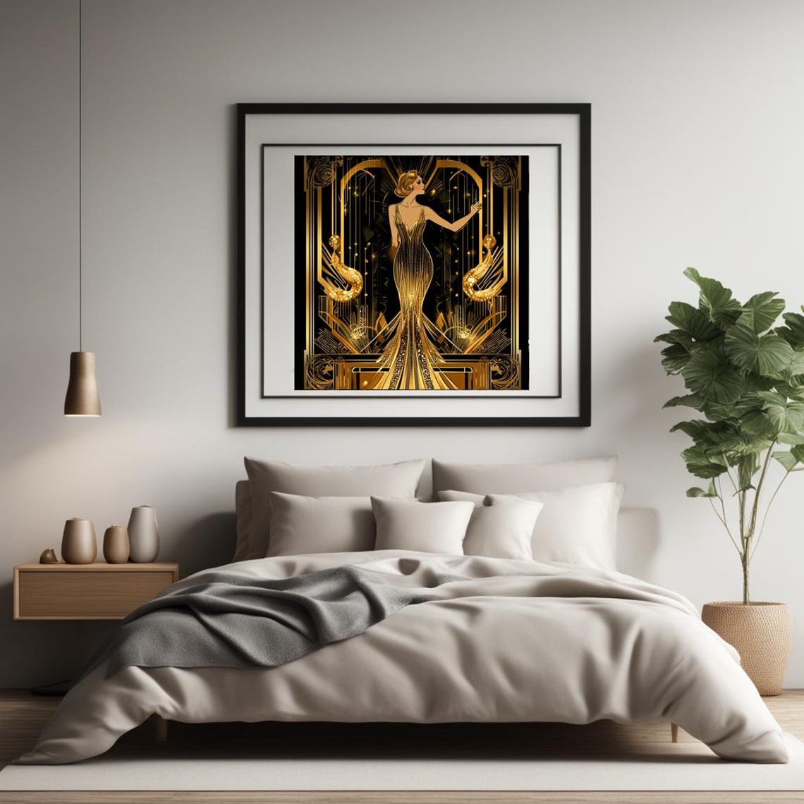 Art Deco Flapper Lady in Gold Gown Black and Gold Gatsby Style Poster - Image 4