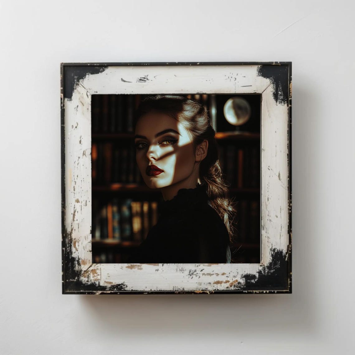 Dark Library Woman Portrait Moody Red Lips Gothic Romance Poster - Image 4
