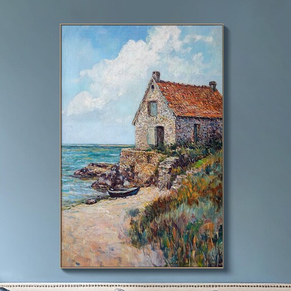 Stone Coastal Cottage With Red Roof And Boat By The Sea Wall Art