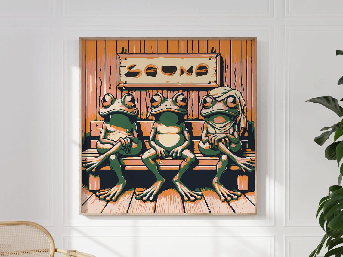 Three Frogs Sweating In Sauna On Wooden Bench Fun Retro Poster