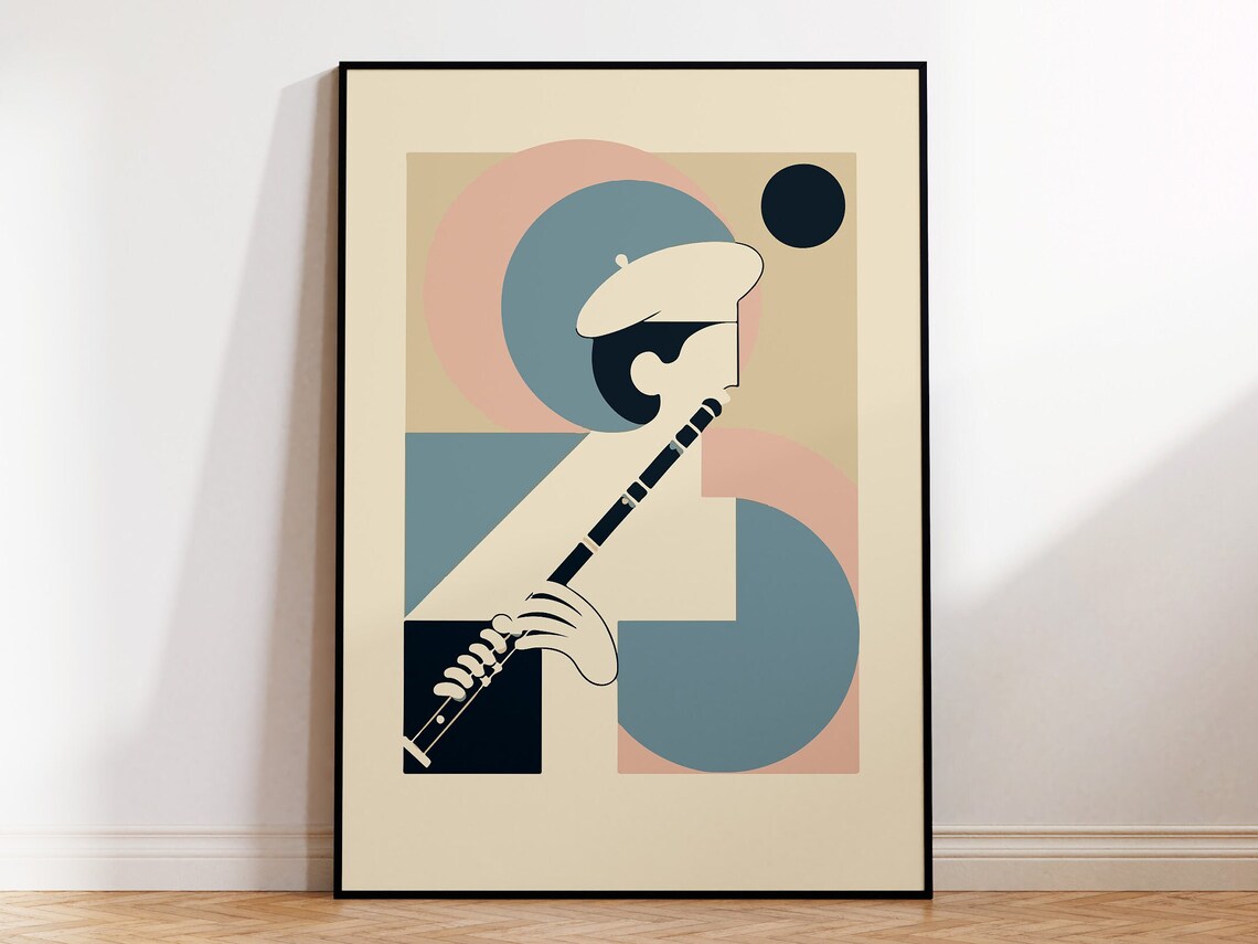 French Flautist Beret Geometric Pastel Musician Illustration Poster