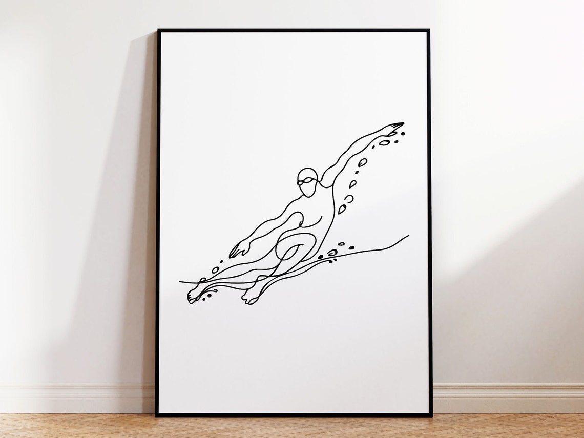 Swimmer Line Art Poster Diving Figure in Minimalist Black Linework