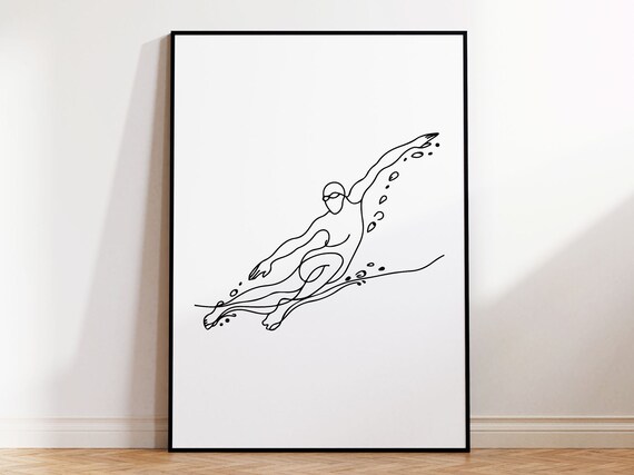 Framed Minimalist Swimmer Line Art Poster For Modern Stylish Home Wall Art I Minimalistic Swimming Print For Swimmer Gift I Wooden Frame