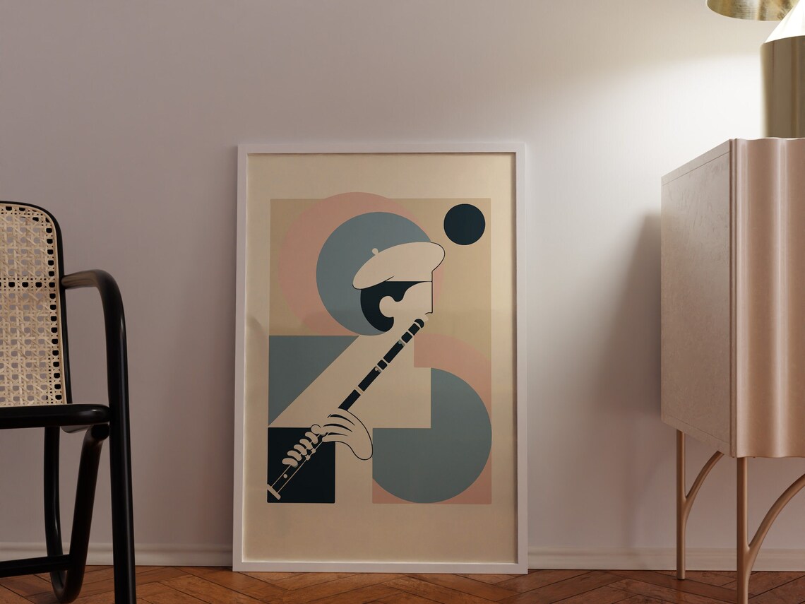 Abstract French Flutist Playing Flute Geometric Music Art Poster