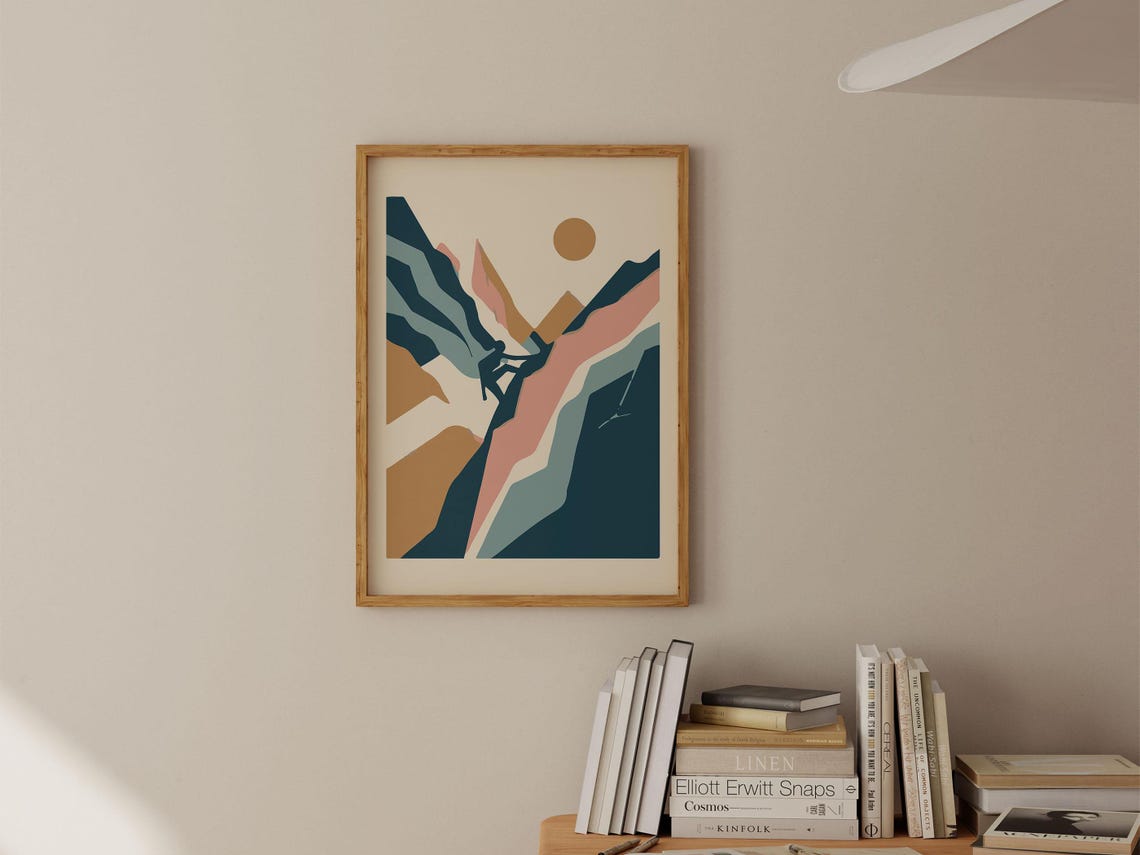 Rock Climber Pastel Mountains Silhouette Abstract Climbing Poster - Image 2