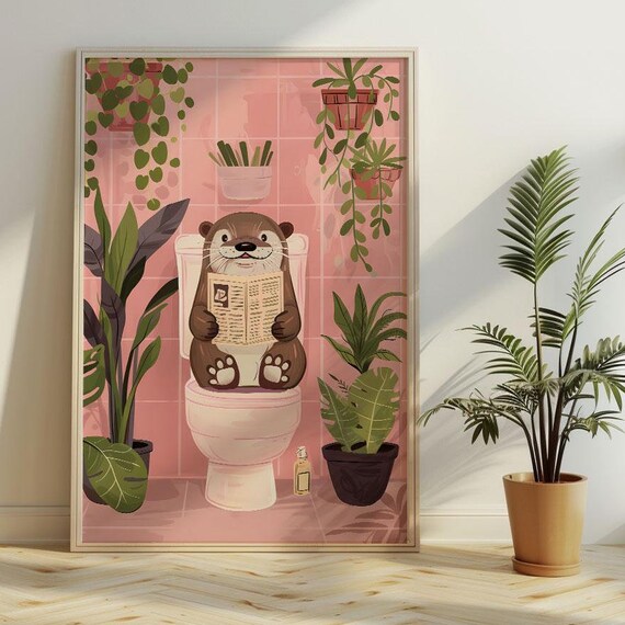 Bathroom Cute Chubby Otter Reading Newspaper Print For Toilet Wall Art Print Vintage Print Maximalist Bathroom Decor Wall Art Toilet Poster