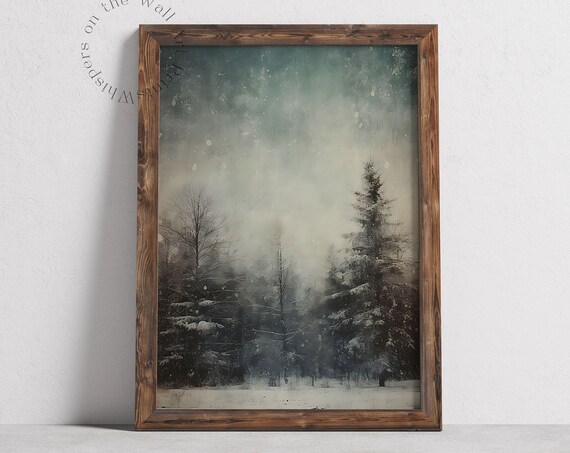 Winter Forest Night Art Print Vintage Christmas Wall Art Moody Xmas Holiday Decor Snowy Landscape Art Dark Nature Wall Art Print