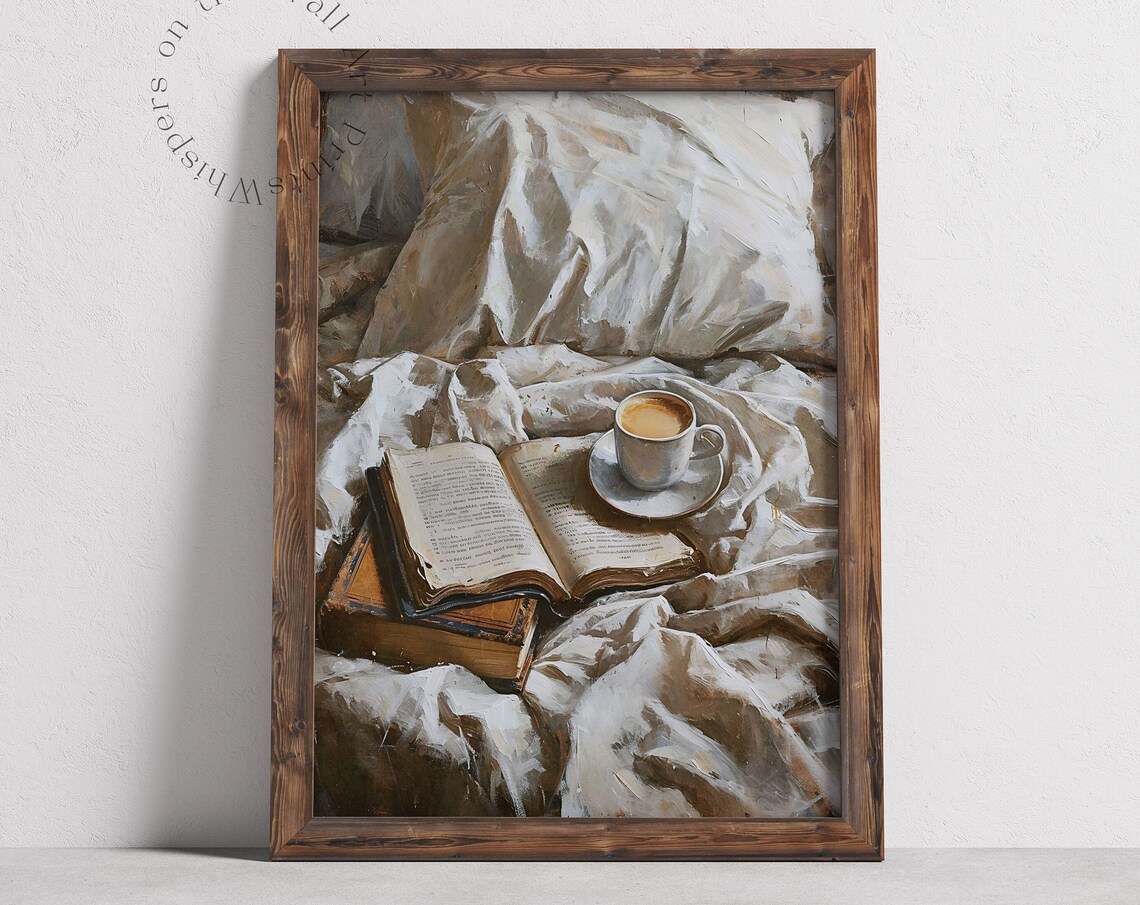 Open Book and Coffee Cup on White Bedding Oil Painting Poster - Image 6